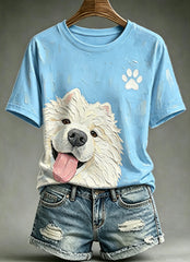 Women's Cute Animal Dog Oil Painting Printed Vintage Fashion Loose Short Sleeve T-Shirt