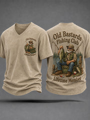 Men's Funny Old Bastards Fishing Club Lifetime Member Print Casual V-Neck Tee