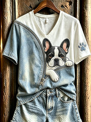 Women's Peeking Frenchbulldog Unzipped Denim Print short-sleeved T-shirt