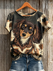 Women's Long-haired dachshund Dog & Dog Coat Pattern Print short-sleeved T-shirt