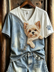 Women's Peeking Yorkshire Terrier Dog Unzipped Denim Print short-sleeved T-shirt