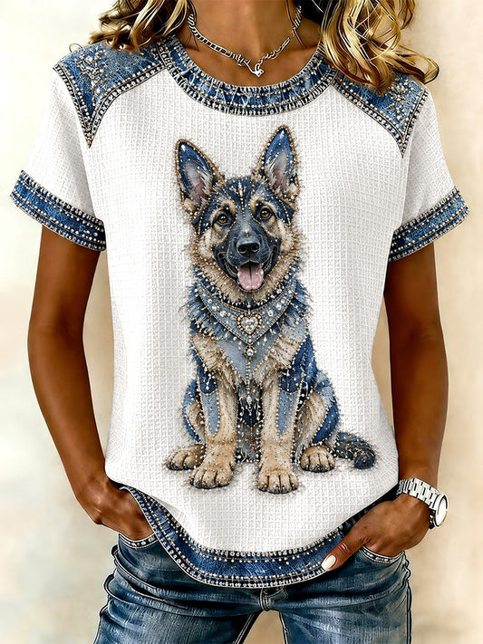 Women's Denim Patchwork Dog Print Waffle Casual Tee