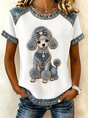 Women's Denim Patchwork Dog Print Waffle Casual Tee