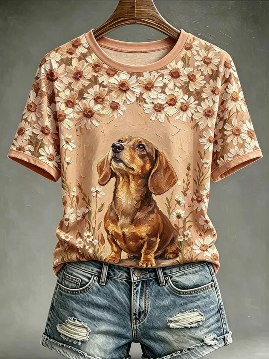 Women's Dog Oil Painting Style Printed Casual T-shirt