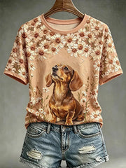 Women's Dog Oil Painting Style Printed Casual T-shirt