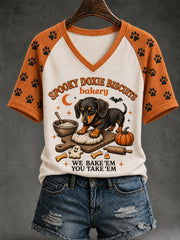 Women's Spooky Bakery Print V-neck T-shirt