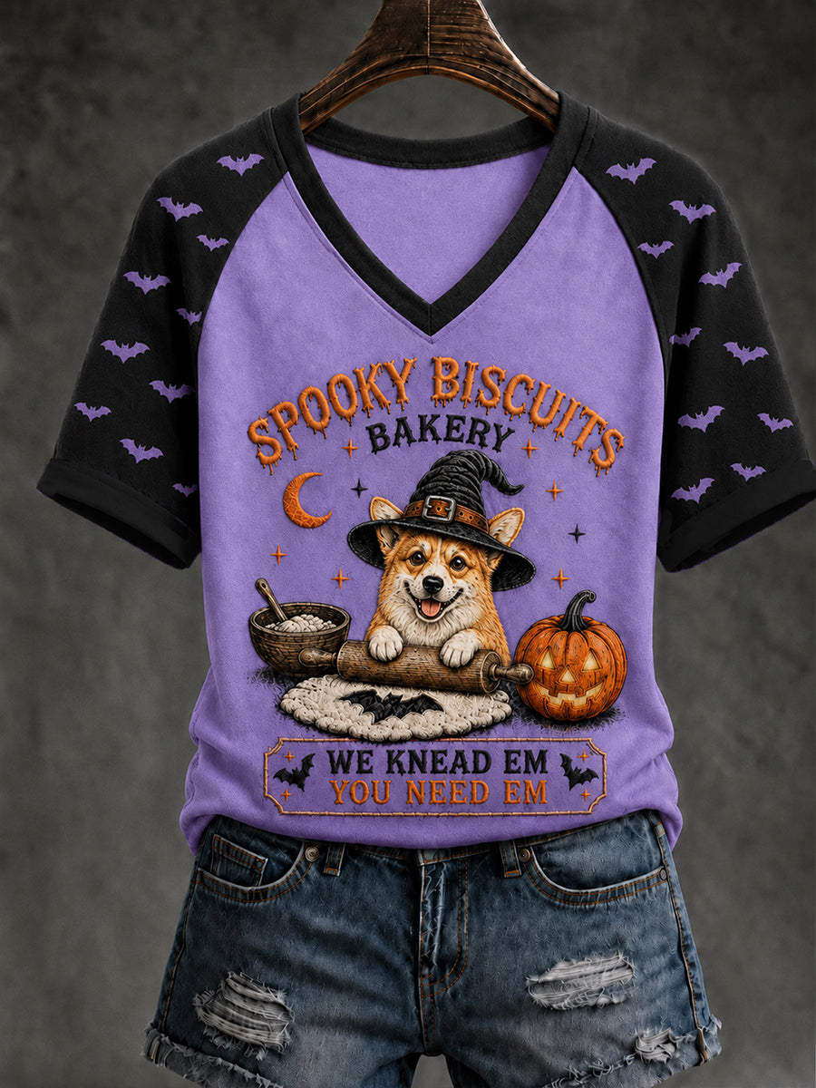 Women's Spooky Bakery Print V-neck T-shirt