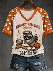 Women's Spooky Bakery Print V-neck T-shirt