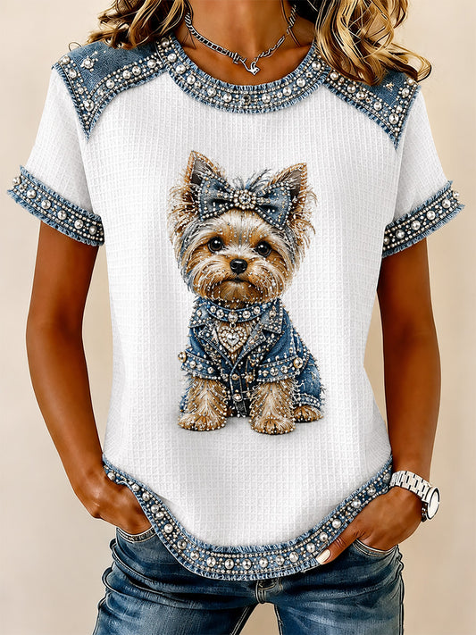 Women's Denim Patchwork Dog Print Waffle Casual Tee