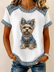 Women's Denim Patchwork Dog Print Waffle Casual Tee