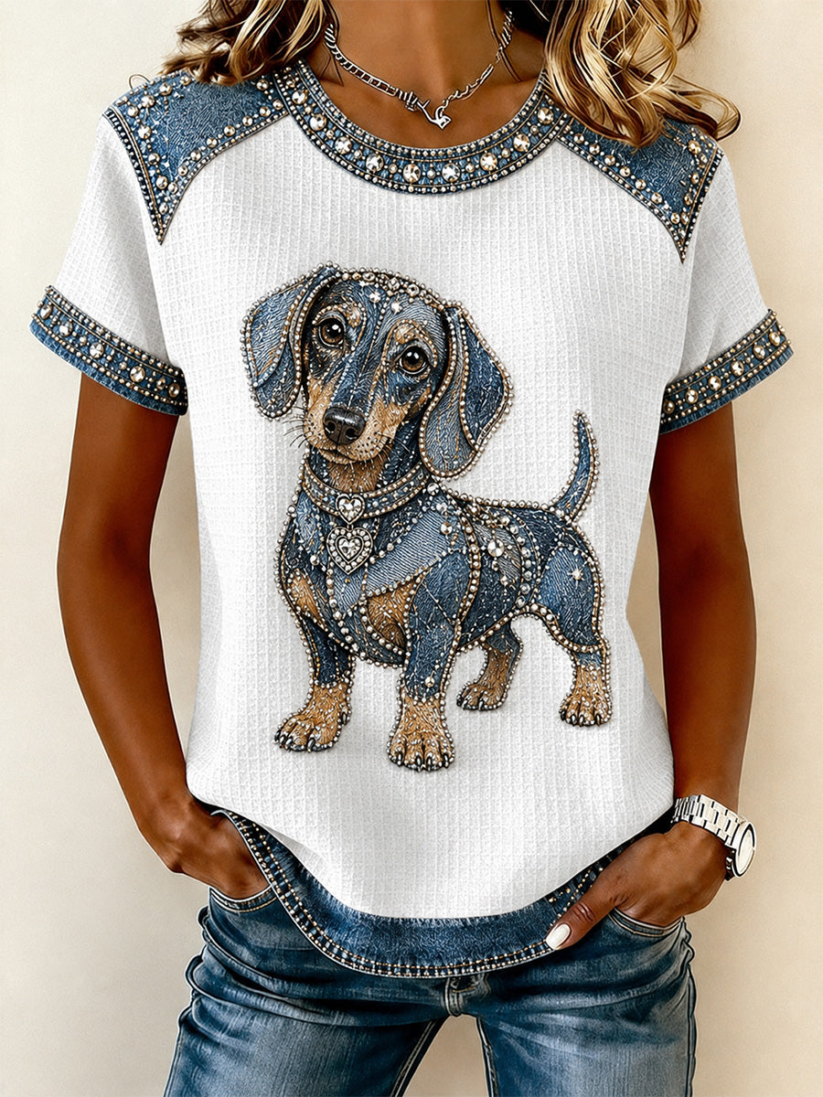 Women's Denim Patchwork Dog Print Waffle Casual Tee