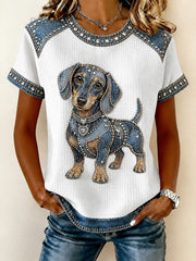 Women's Denim Patchwork Dog Print Waffle Casual Tee