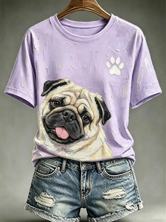 Women's Dog Oil Painting Style Printed Casual T-shirt
