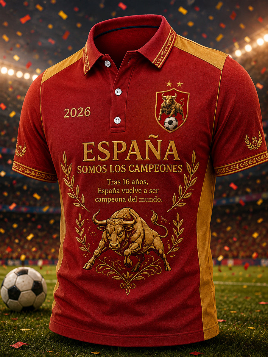 Men's We Are The Champions 2026 Print Celebrate España Champions Gift For Football Fans Casual Polo Shirt