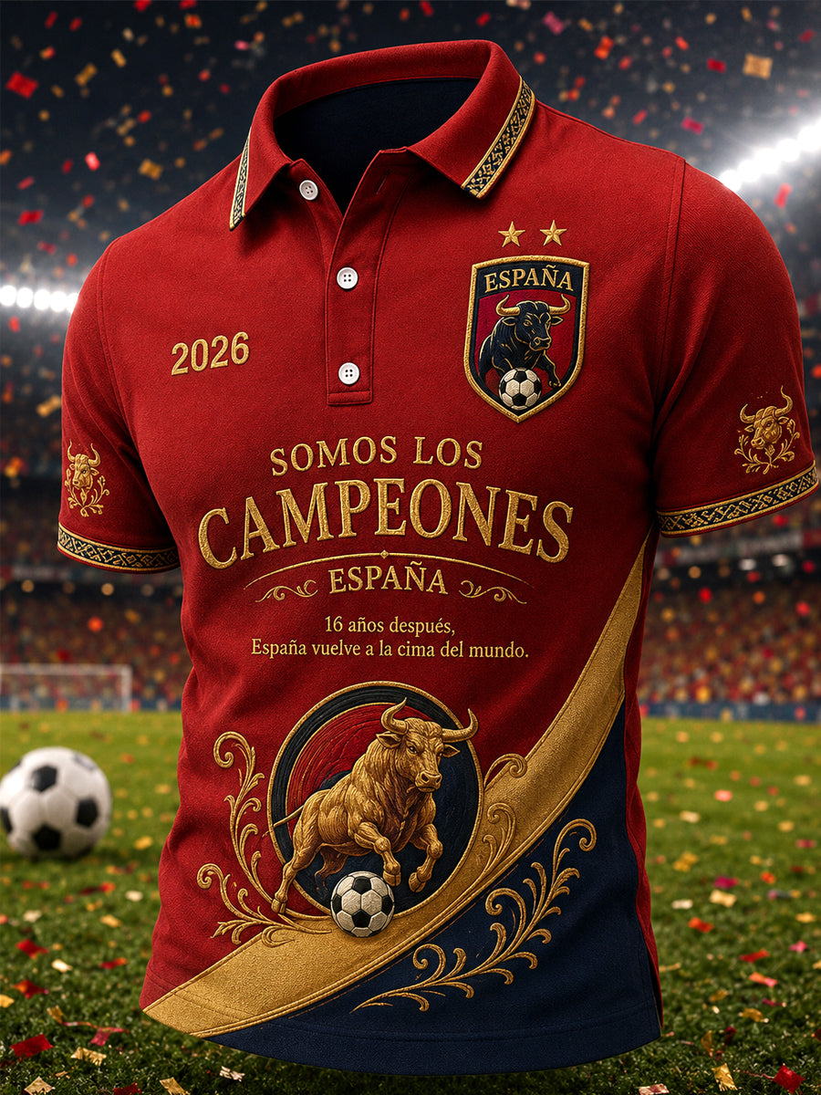 Men's We Are The Champions 2026 Print Celebrate España Champions Gift For Football Fans Casual Polo Shirt