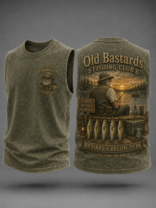 Men's Funny Old Bastards Fishing Club Lifetime Member Print Casual Tank Top