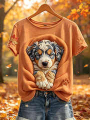 Women's Fall Cozy Sleeping Fuzzy Dog in Blanket Paw & Maple Leaf Print short-sleeved T-shirt
