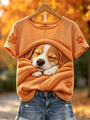 Women's Fall Cozy Sleeping Dog in Blanket Paw & Maple Leaf Print short-sleeved T-shirt