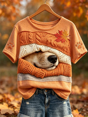 Women's Fall Cozy Peeking Dog in Blanket Paw & Maple Leaf Print short-sleeved T-shirt