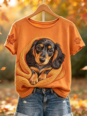 Women's Fall Cozy Dachshund Dog in Blanket Paw & Maple Leaf Print short-sleeved T-shirt