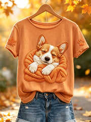 Women's Fall Cozy Sleeping Corgi Dog in Blanket Paw & Maple Leaf Print short-sleeved T-shirt