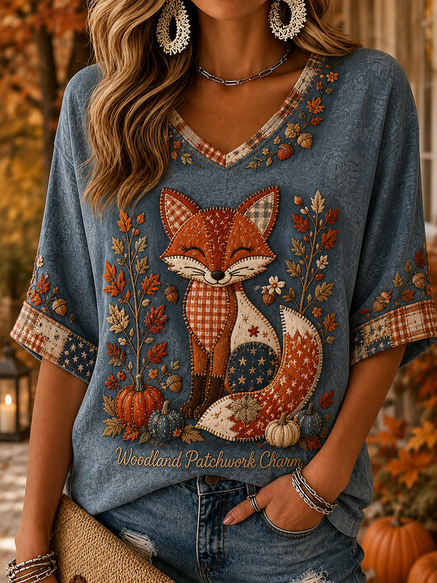 Women's Autumn Style  Pattern Linen V-Neck Shirt