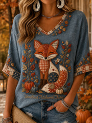 Women's Autumn Style  Pattern Linen V-Neck Shirt