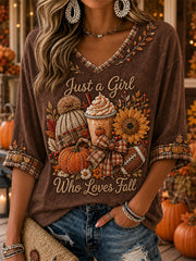 Women's Autumn Style  Pattern Linen V-Neck Shirt