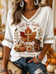 Women's Autumn Style  Pattern Linen V-Neck Shirt