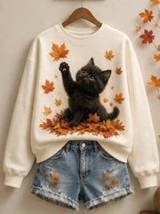 Women's Retro Autumn Cat Print Sweatshirt