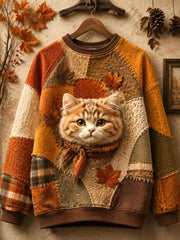 Women's Retro Autumn Cat Print Sweatshirt