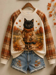Women's Retro Autumn Cat Print Sweatshirt