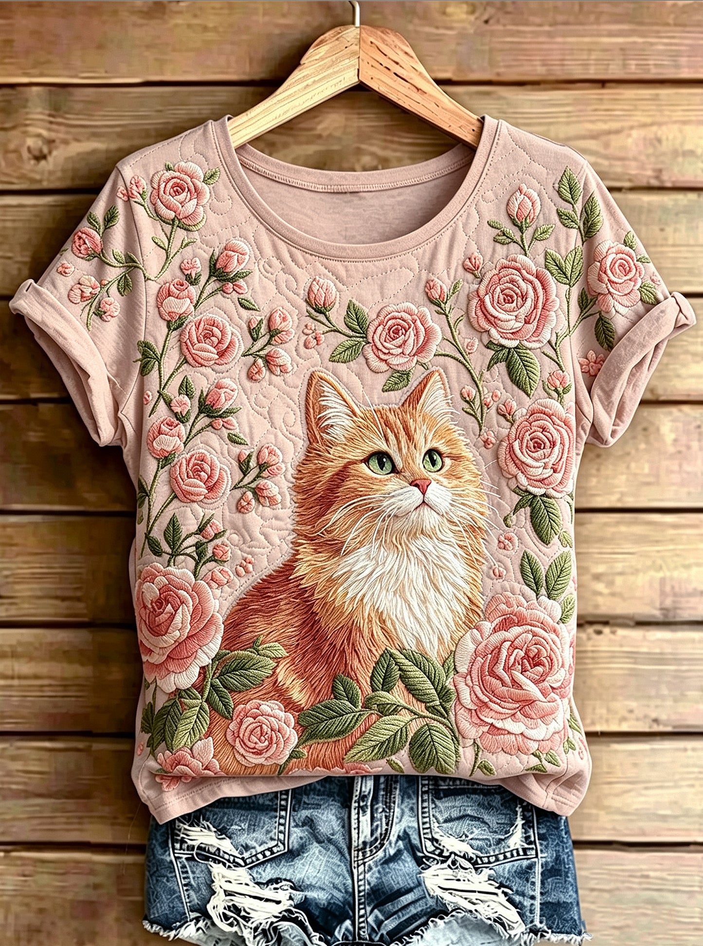 Women's Cute Animal Cat Printed Vintage Fashion Loose Short Sleeve T-Shirt