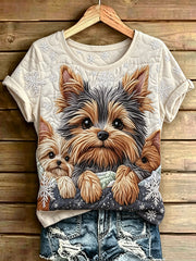 Women's Adorable Dog Printed Vintage Fashion Loose Short Sleeve T-Shirt