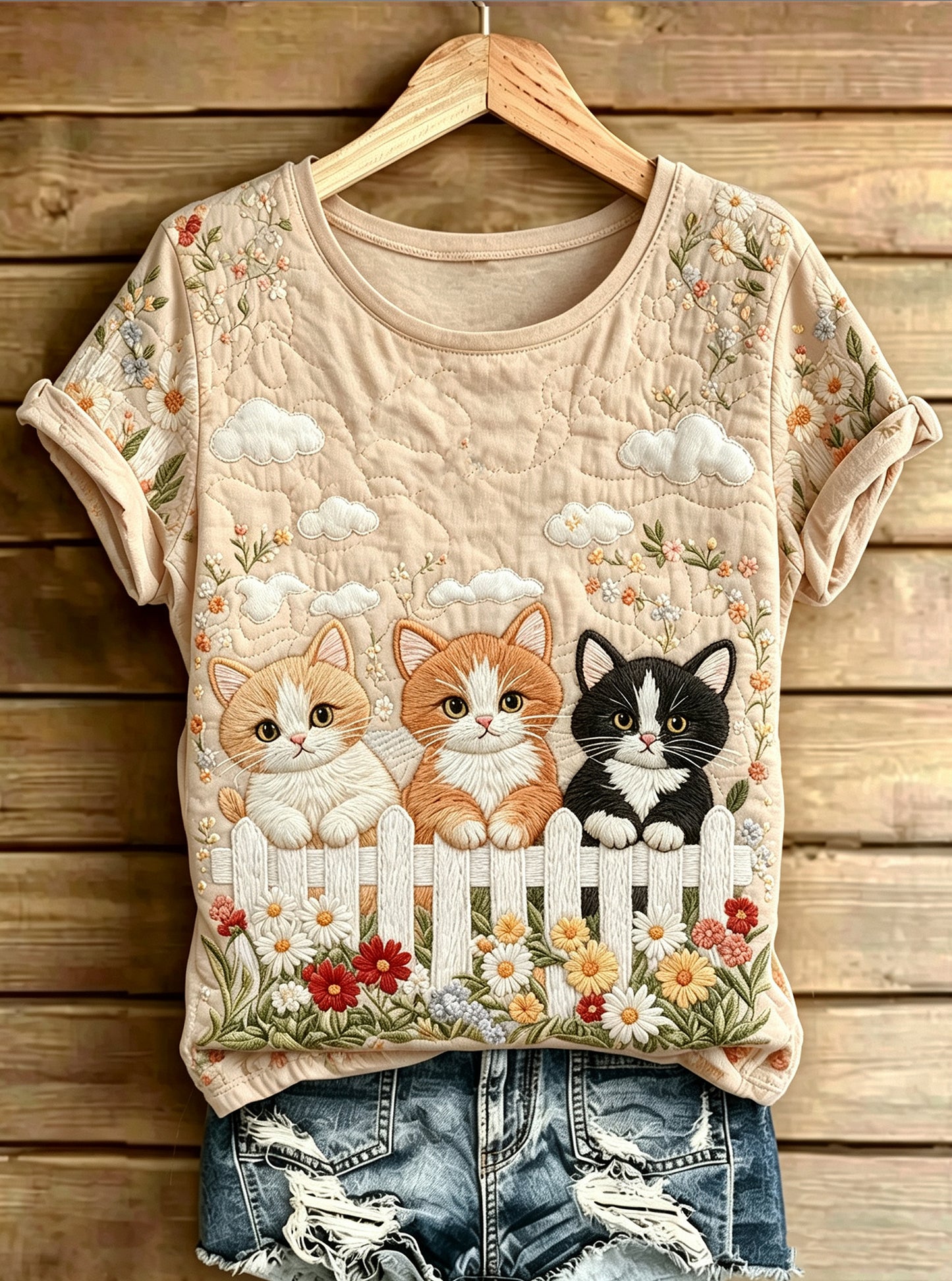 Women's Adorable Cat Printed Vintage Fashion Loose Short Sleeve T-Shirt