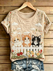 Women's Adorable Cat Printed Vintage Fashion Loose Short Sleeve T-Shirt