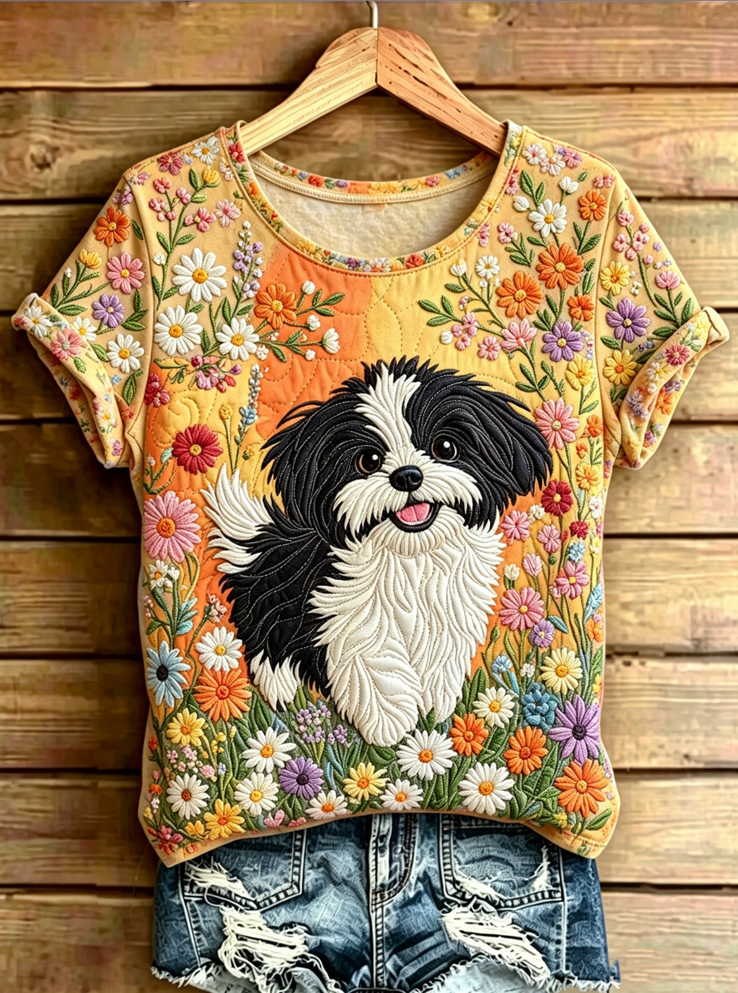 Women's Adorable Dog Printed Vintage Fashion Loose Short Sleeve T-Shirt