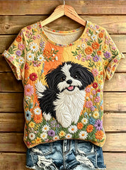 Women's Adorable Dog Printed Vintage Fashion Loose Short Sleeve T-Shirt
