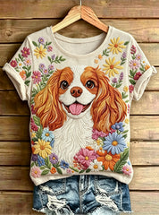Women's Adorable Dog Printed Vintage Fashion Loose Short Sleeve T-Shirt