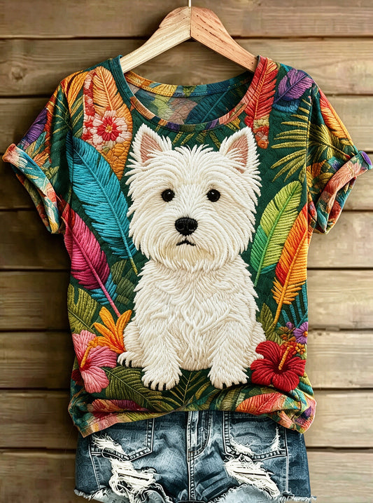 Women's Adorable Dog Printed Vintage Fashion Loose Short Sleeve T-Shirt