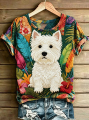 Women's Adorable Dog Printed Vintage Fashion Loose Short Sleeve T-Shirt