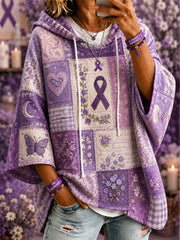 Women's Patchwork Purple Floral & Butterfly Print Alzheimer's Awareness Support Casual Short-Sleeve Hoodie