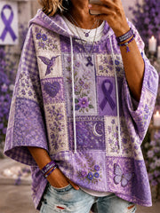 Women's Patchwork Purple Floral & Hummingbird & Butterfly Print Alzheimer's Awareness Support Casual Short-Sleeve Hoodie