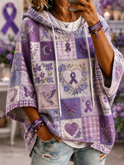 Women's Patchwork Purple Floral & Hummingbird Print Alzheimer's Awareness Support Casual Short-Sleeve Hoodie