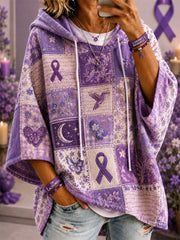 Women's Patchwork Purple Floral & Hummingbird & Butterfly Print Alzheimer's Awareness Support Casual Short-Sleeve Hoodie
