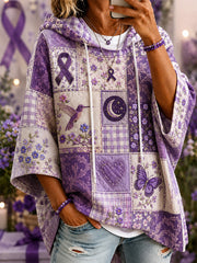 Women's Patchwork Purple Floral & Hummingbird & Butterfly Print Alzheimer's Awareness Support Casual Short-Sleeve Hoodie