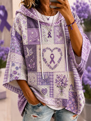 Women's Patchwork Purple Floral & Hummingbird Print Alzheimer's Awareness Support Casual Short-Sleeve Hoodie