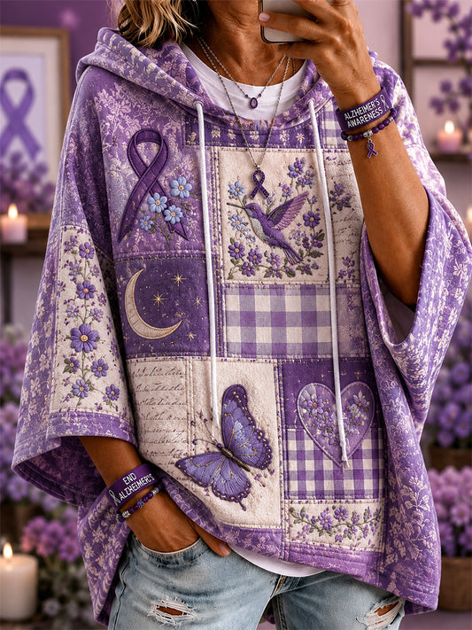 Women's Patchwork Purple Floral & Hummingbird & Butterfly Print Alzheimer's Awareness Support Casual Short-Sleeve Hoodie