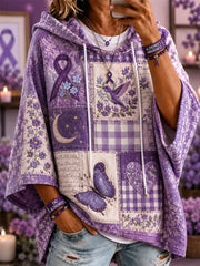 Women's Patchwork Purple Floral & Hummingbird & Butterfly Print Alzheimer's Awareness Support Casual Short-Sleeve Hoodie