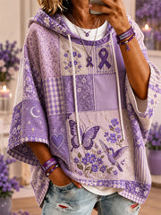 Women's Patchwork Purple Floral & Hummingbird & Butterfly Print Alzheimer's Awareness Support Casual Short-Sleeve Hoodie